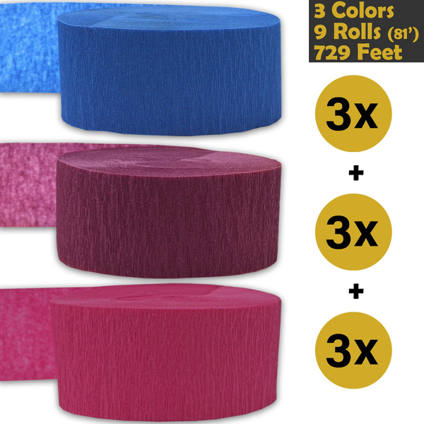9 rolls Hot Pink - For party Decorations and Crafts Flame Resistant Crepe Party Streamers 739 ft 3 rolls per color, 81 foot each roll 243 per color Sapphire Blue Bleed Resistant Sangria Made in USA 3 Colors 