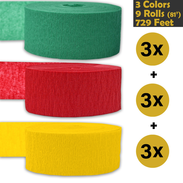 739 ft 3 rolls per color, 81 foot each roll Made in USA - For party Decorations and Crafts Crepe Party Streamers 3 Colors 9 rolls Light Yellow Classic Red Flame Resistant Bleed Resistant 243 per color Teal 