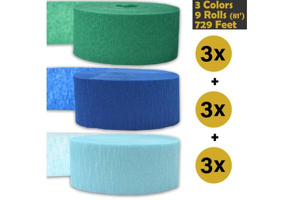 3 rolls per color, 81 foot each roll 3 Colors 243 per color Teal - For party Decorations and Crafts Crepe Party Streamers Bleed Resistant 739 ft Lime Green Sapphire Blue Made in USA Flame Resistant 9 rolls 