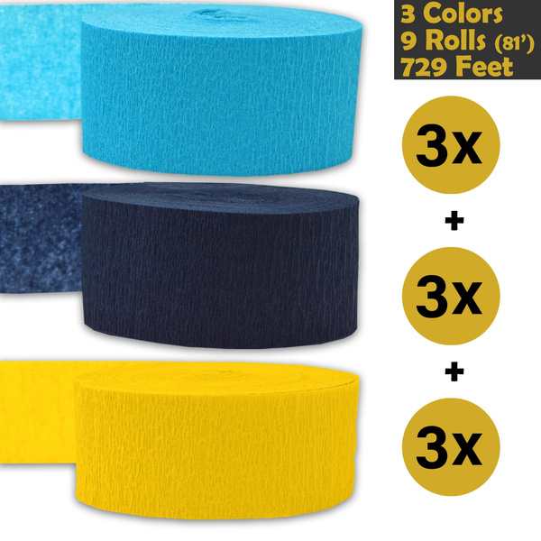 Bleed Resistant 3 rolls per color, 81 foot each roll Crepe Party Streamers 9 rolls - For party Decorations and Crafts 739 ft 243 per color 3 Colors Black Turquoise Made in USA Dark Navy Blue Flame Resistant 