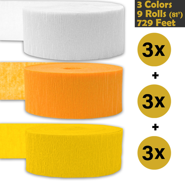 Flame Resistant Bleed Resistant 243 per color Orange 9 rolls 739 ft Made in USA 3 Colors Classic Yellow 3 rolls per color, 81 foot each roll Crepe Party Streamers - For party Decorations and Crafts Golden Yellow 