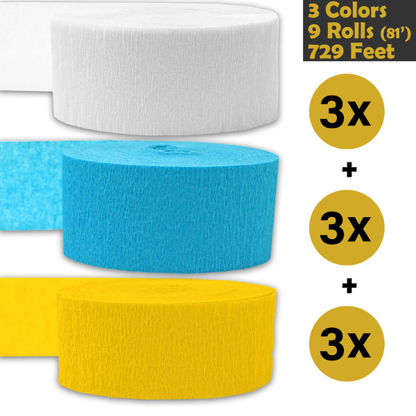 Crepe Party Streamers Turquoise 9 rolls 243 per color White 739 ft - For party Decorations and Crafts 3 rolls per color, 81 foot each roll Made in USA Golden Yellow 3 Colors Flame Resistant Bleed Resistant 