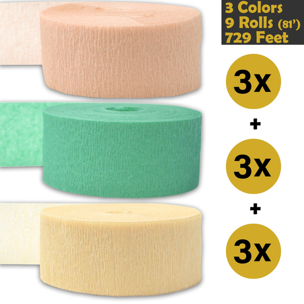 Made in USA 3 rolls per color, 81 foot each roll 739 ft Ivory - For party Decorations and Crafts 243 per color Crepe Party Streamers Bleed Resistant 3 Colors Peach 9 rolls Flame Resistant Seafoam Green 