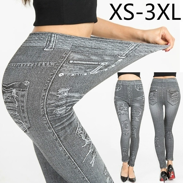 Denim Leggings with Buttons and Rips Pattern - Its All Leggings