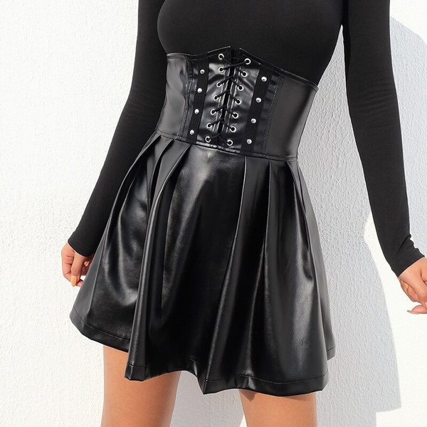 Black back zip faux leather high waisted mini clearance skirt