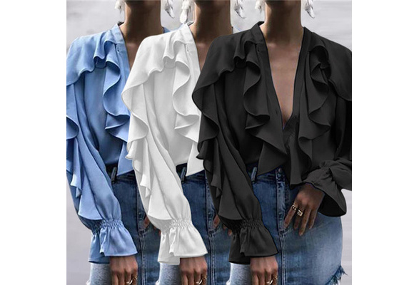 Celmia New Womens Ruffled Blouse Long Sleeve V Neck Casual