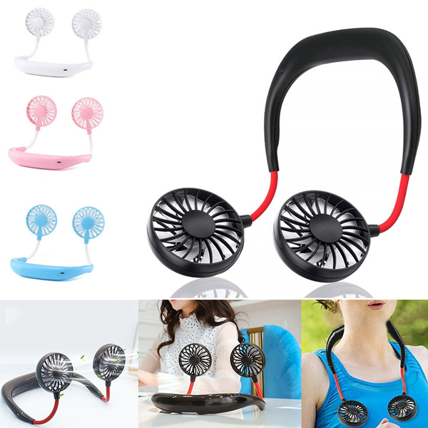 Portable Neck Band Hanging Dual Fans USB Rechargeable Hands-free LED Air Cooler