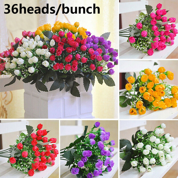 36Head Silk Bunch Artificial Flowers Small Bud Rose Bridal Bouquet Wedding Decor 
