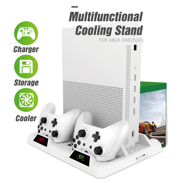 OIVO New White Multi functional Vertical Stand with Cooling Fan for Xbox One X XBOX ONE S Regular XBOX ONE Console Dual Controller Charging Station