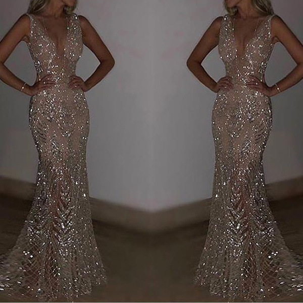 2 Colors Luxurious Sparkling Prom Dress V Neck Perspective Sequins ...