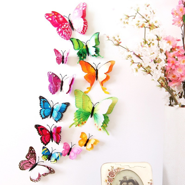 12PCS Wall Stickers Beautiful DIY 3D Artificial Butterflies Wall Stickers  Self-Adhesive Home Office Decoration Decal Murals