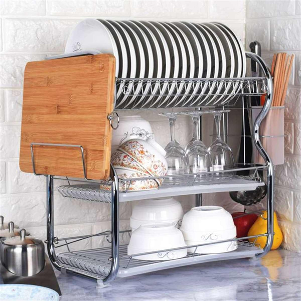 2 Tier Dish Drying Rack Drainer Stainless Steel Kitchen Cutlery Holder Shelf Standing Dish Rack