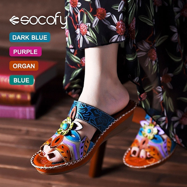 socofy bohemian leather adjustable hook loop printing forest sandals