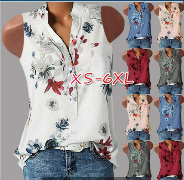 Womens Fashion Summer Sexy V-neck Sleeveless Blouse Loose Floral ...