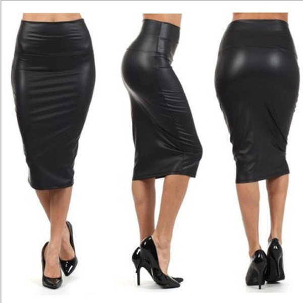 Women Faux Leather Pencil Skirt High Waist Sexy Below Knee Dress | Wish