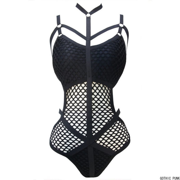 Women Black Sheer Knit Net Mesh Sexy Women Swimwear One Piece Swimsuit Female Bather Bathing Suit Swim Halter