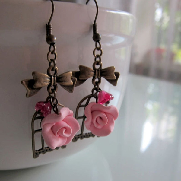 Polymer Clay Rose Heart Drop Earrings - Approximately 1.75