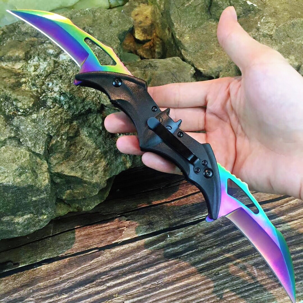 Rainbow Titanium Black Batman Dual Blade Spring Assisted Opening Folding Blade Pocket Knife Wish