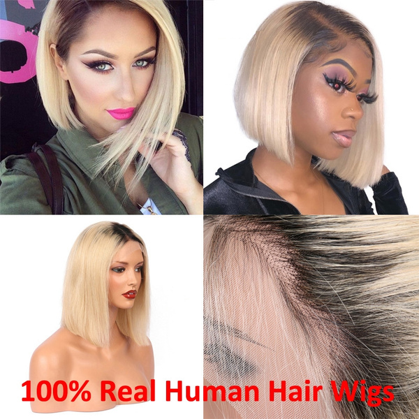 Blonde Ombre Human Hair Wigs Middle Part Bob Wig 1B#/613# T-Color Virgin  Human Hair Swiss Lace Front Wigs for Women | Wish