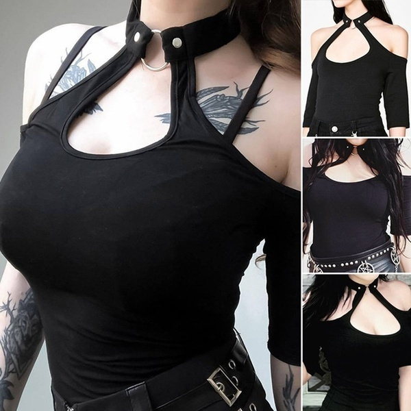 SmartRICH Cotton Halloween Punk Choker Halter Top Women Cami Backless Buckle SmartRICH Cotton Halloween Punk Choker Halter Top Women Cami Backless Buckle
