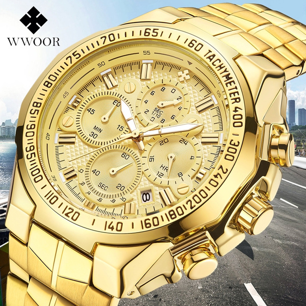 WWOOR Men Golden Sport Watches Chronograph 4 Sub dials Watch Man Big Dial Casual Wristwatch Herrenuhr