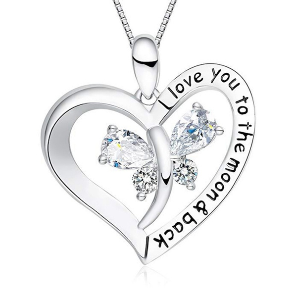 925 Sterling Silver Women S Fashion I Love You To The Moon And Back Love Heart Diamond Rainbow Crystal Dragonfly Pendant Necklace Jewelry Gifts Wish