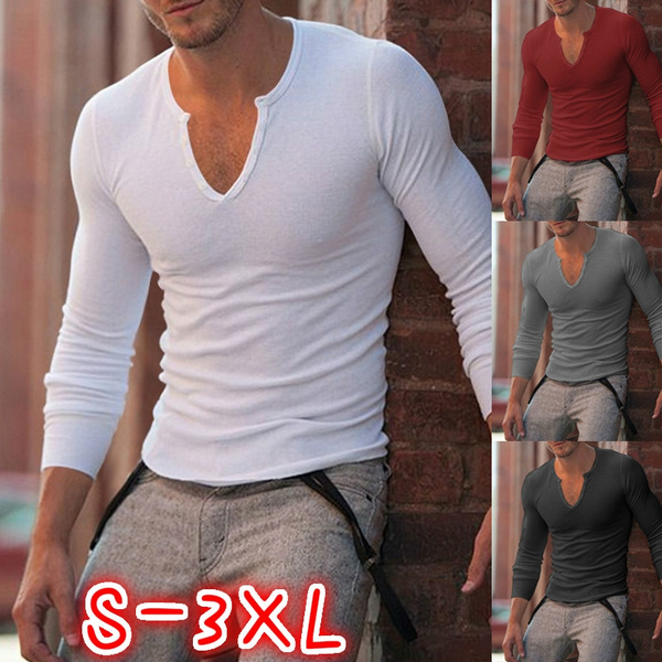 4 Colors Fashion Men Long Sleeve V Neck Tshirt Casual Man Summer Slim Fit  Solid Cotton Shirts Plus Size S-3XL