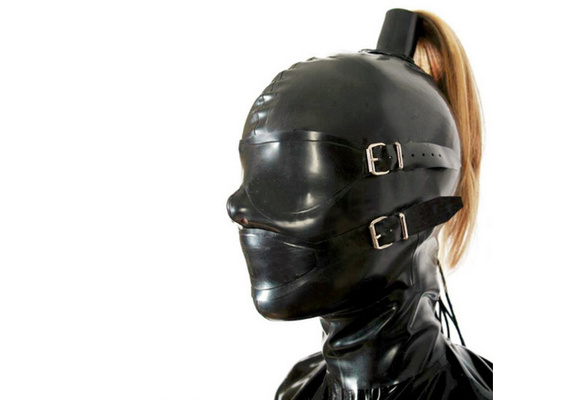 Latex Hood with Golden Wig Back Zipper Rubber Mask for Catsuit Club Wear Costume 