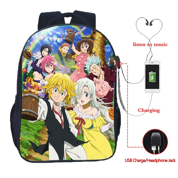 Anime Seven Deadly Sins Meliodas Backpack USB Charging Port Schoolbag Laptop Bag 