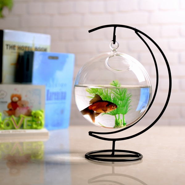 Simple Desktop Hanging Glass Fish Tank Mini Grass Fun Fish Tank Clear Fish  Cylinder Bowl Iron Stand Holder Aquarium Accessories