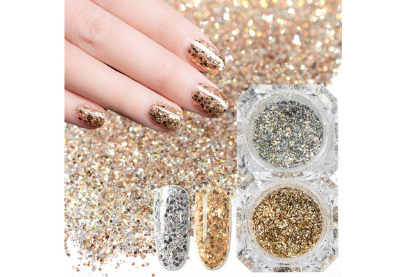 8pcs Gold Polish Nail Art Glitter Powder Holo Silver Hexagon Pilette Tips  Glitter Flake Manicure Accessories