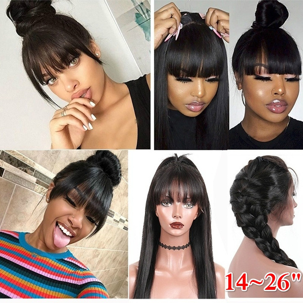 Lace Frontal Wig with Bangs Straight Lace Front Feel Like Human Hair Wigs  for Women Pre Plucked with Baby Hair (14~26 Inches) | Wish