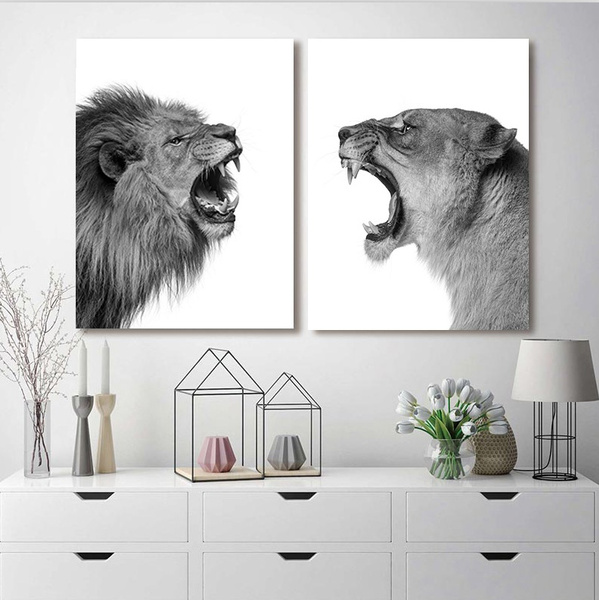 2 Pieces Lion And Lioness Canvas Painting Wall Art Animal Home Decor Pictures No Frame Wish