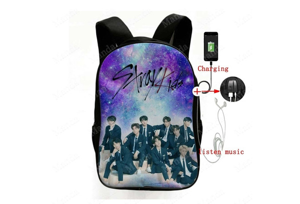 Draggmepartty Kpop Stray Kids Shoulder Backpack with USB Charging Port, Kids Unisex, Size: One size, Black
