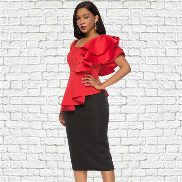 2 Piece Sets Summer Women Sexy Red Tops Black Skirts Irregular Sleeves  Backless Ruffles Club Night Party Wear Slim Jupes Fashion