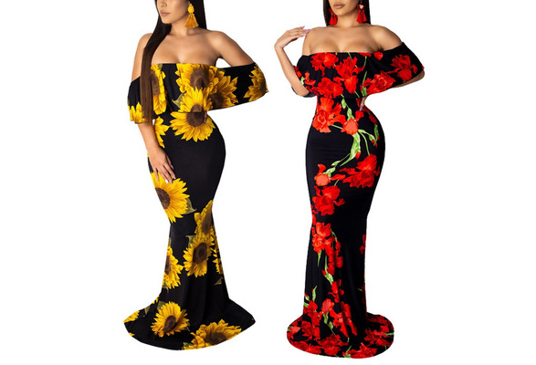 Women Rose Sunflower Floral Print Strapless Sexy Bodycon Dress Slash Neck  Off Shoulder Short Sleeve Polyester Floor Length Maxi Dress Summer