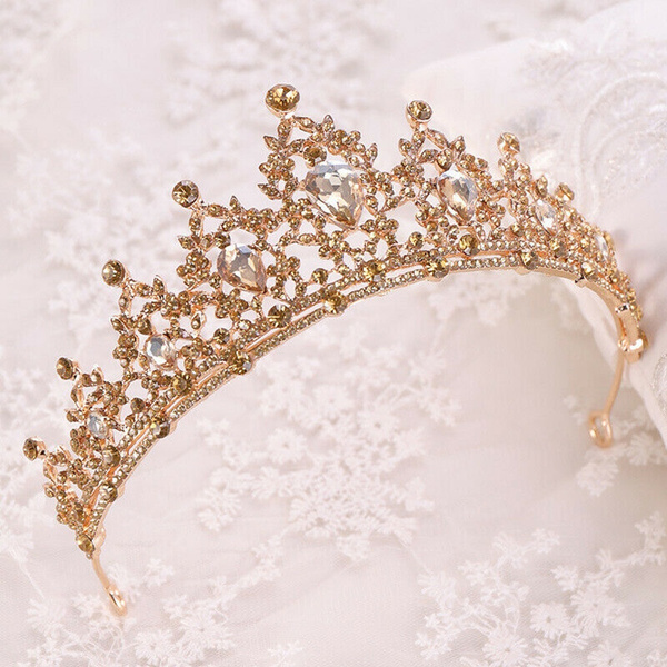 Champagne Headwear Gold Crystal Tiara Crown Wedding Bridal Birthday Prom