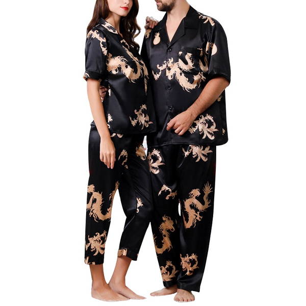 Couple Silk Satin Pajamas Set Short Sleeve Sleepwear Pajamas Suit