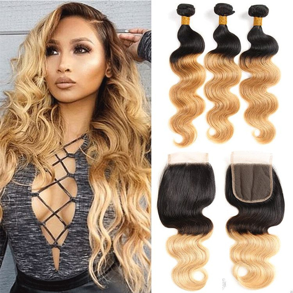 T 1B 27 Dark Root Honey Blonde Body Wave Ombre Human Hair Weave 3 Bundles  with Lace Closure Brazilian Virgin Hair Extensions Weft | Wish