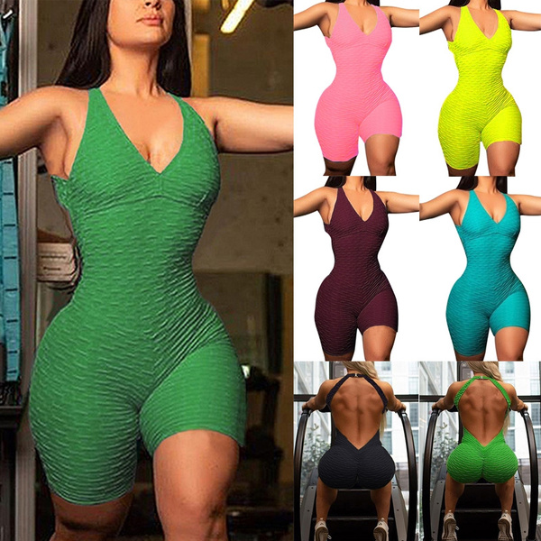 Women Anti-Cellulite Yoga Romper Bodysuit High Waist Fitness Gym Butt Jumpsuit 