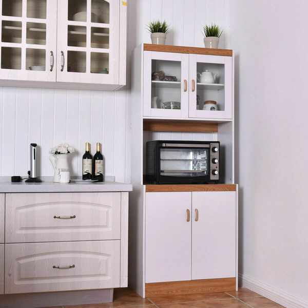 Tall Microwave Cart Stand Kitchen Storage Cabinet Shelves Pantry Cupboard White Wish