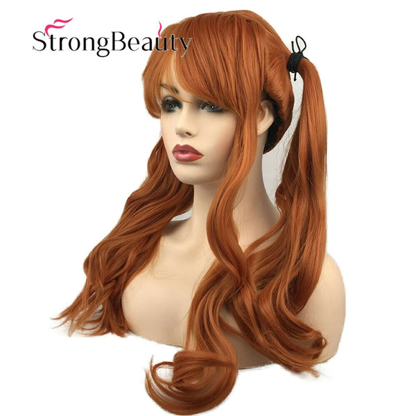 Women s Long Curly Wavy Bangs Double Ponytail Wig Orange Brown Cosplay Hair Wigs