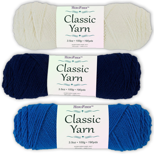 Soft Acrylic Yarn 3-Pack, 3.5oz / Ball, Coconut White + Soft Navy