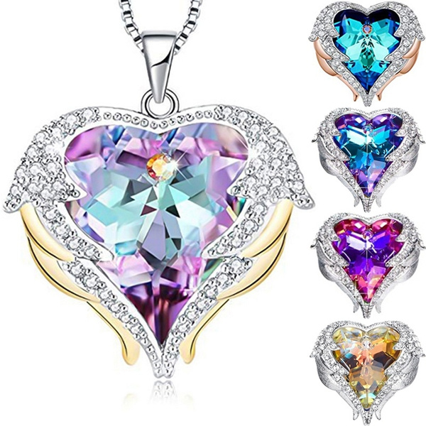 Multicolor Diamond Angel Wings Heart Pendant Necklaces Blue Rainbow Crystal Natural Gemstone Heart Necklace Christmas Jewelry Gifts For Women Girls Wish