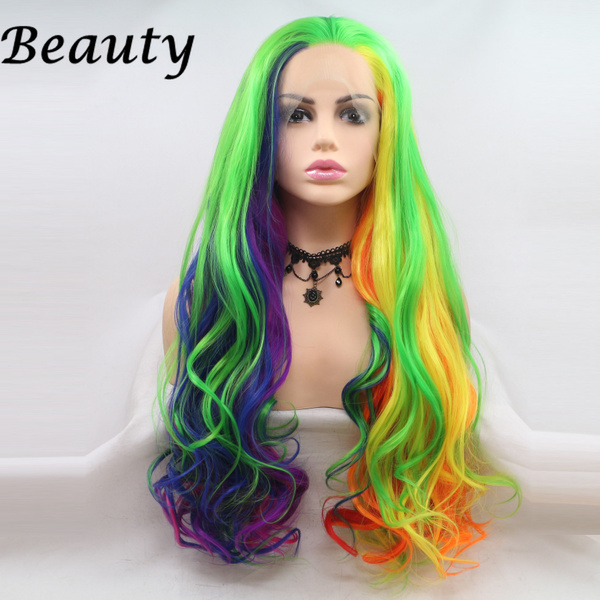 Fashion Rainbow Lace Wig Piano Color Glueless Long Natural Wavy Free Part Synthetic Lace Front Wigs For Women Half Hand Tied Heat Resistant