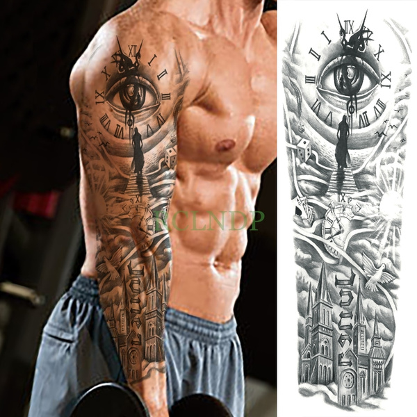 Waterproof Temporary Tattoo Sticker Eye Clock Bird Pagoda Full Arm Large  Size Fake Tatto Flash Tatoo Sleeve Tato for Men Women | Wish