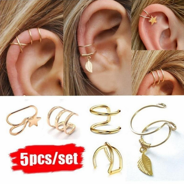 5Pcs/set Minimalist Double Wrap Leaf Star Cross Ear Cuff Dainty