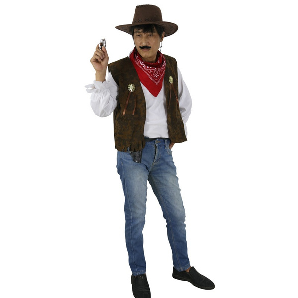 Hat Option Adult COWBOY WAISTCOAT Wild West Fancy Dress Rodeo Costume Sheriff