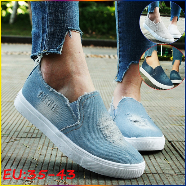 Womens Slip On Denim Pumps Trainers Loafers Plimsolls Casual Flat Canvas  Shoes | eBay