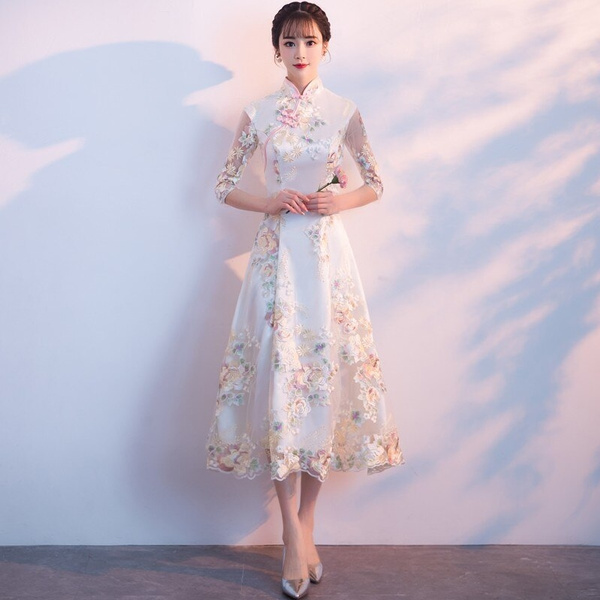 Trumpet Sleeve Modern Cheongsam Day Dress with Floral Lace Edge – IDREAMMART